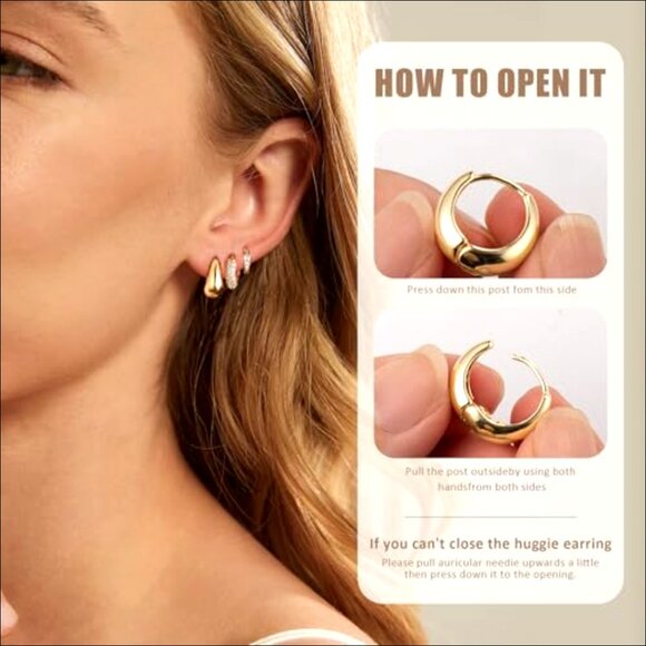 14k Gold Plated Hoop Earrings Set, 3 Styles, Waterproof Non-Tarnish - Picture 4 of 7